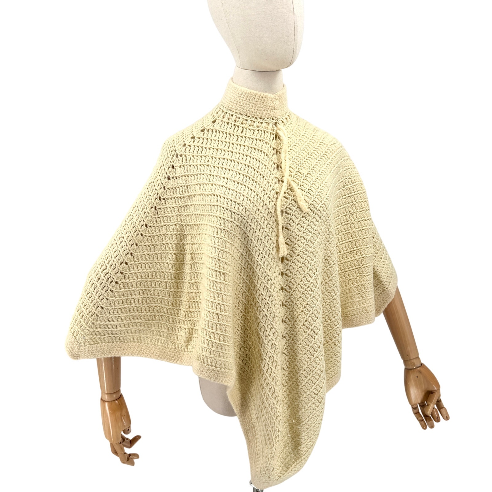 Vintage 70s Cream Hand Crocheted High Neck Tie Poncho